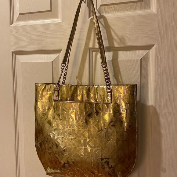 MICHAEL KORS LEATHER MEDIUM TOTE BAG GOLD COLOR MONOGRAM - Picture 4 of 15